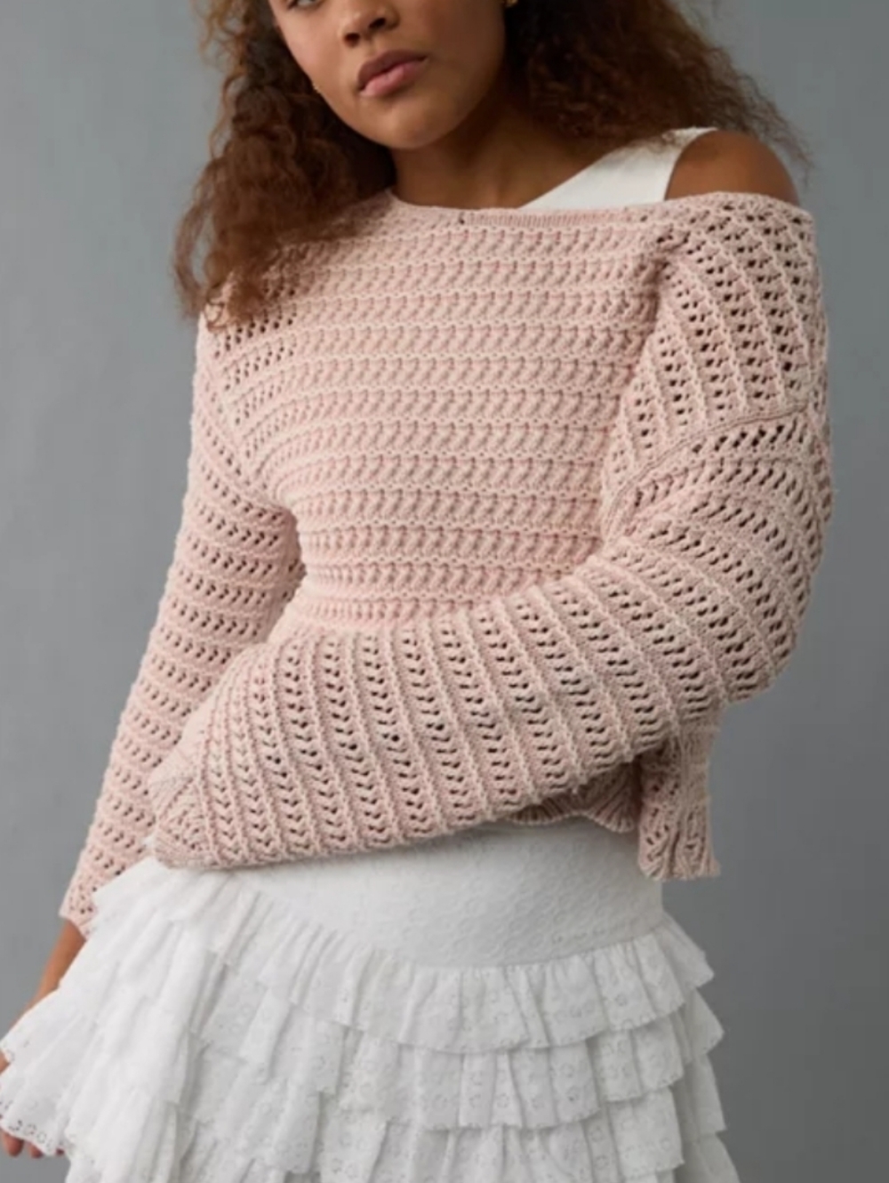 American Eagle Soft Girl Ballet Neck Open Knit Sweater. Coral. Size xsmall.
